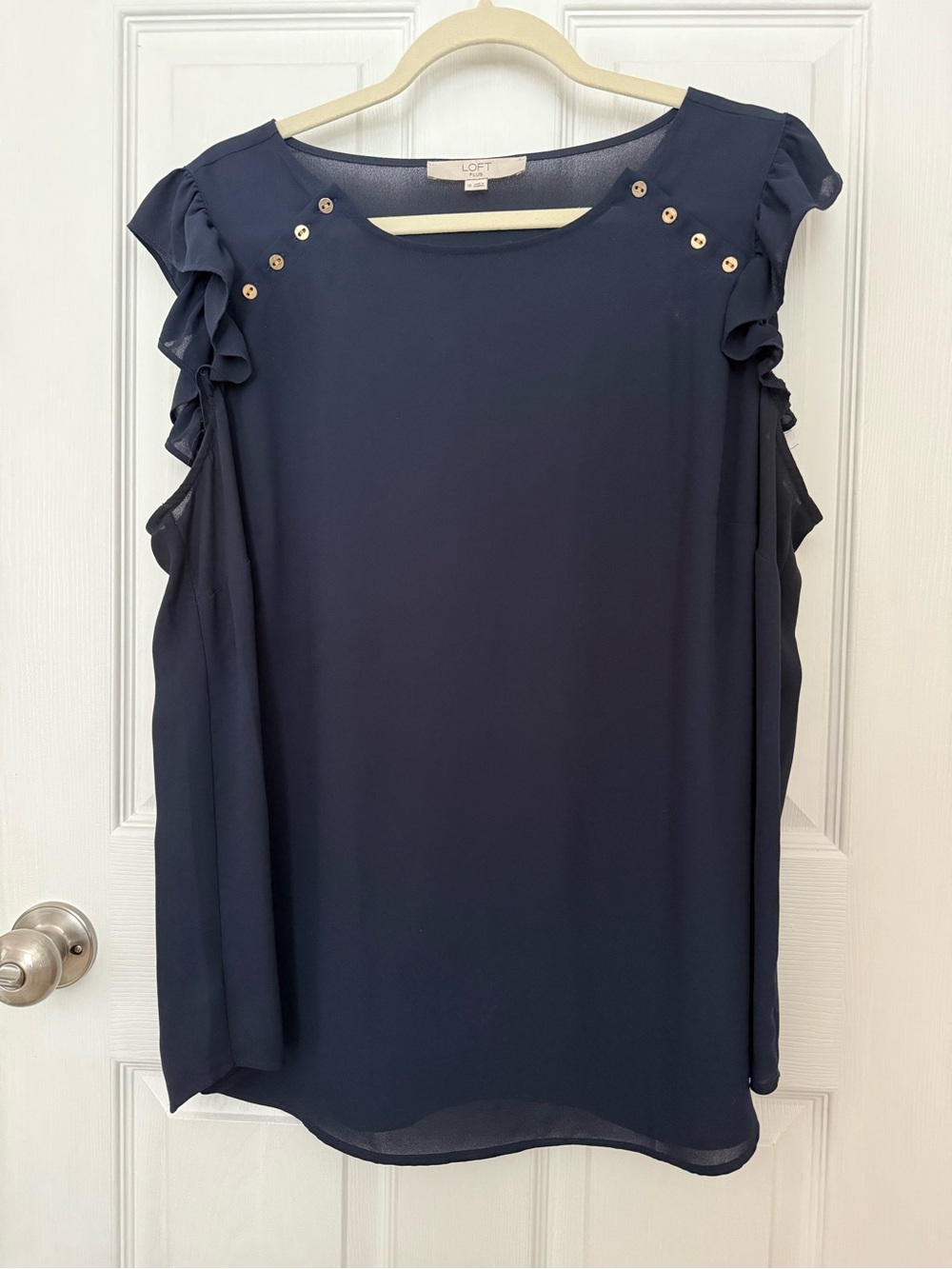 LOFT Plus Navy Ruffle Sleeve Gold Button Business Casual Blouse Size 18 Office